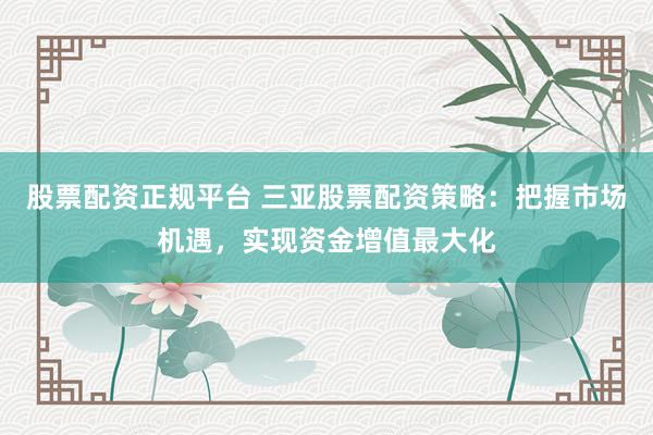 股票配资正规平台 三亚股票配资策略：把握市场机遇，实现资金增值最大化